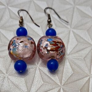 Pink, Blue, and Gold Beaded Earrings, One Of A Kind! Like New!